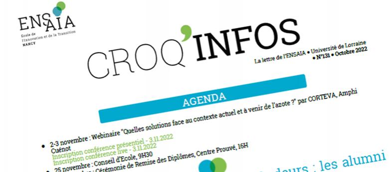 Croq'Infos, l'infolettre de l'ENSAIA, octobre 2022